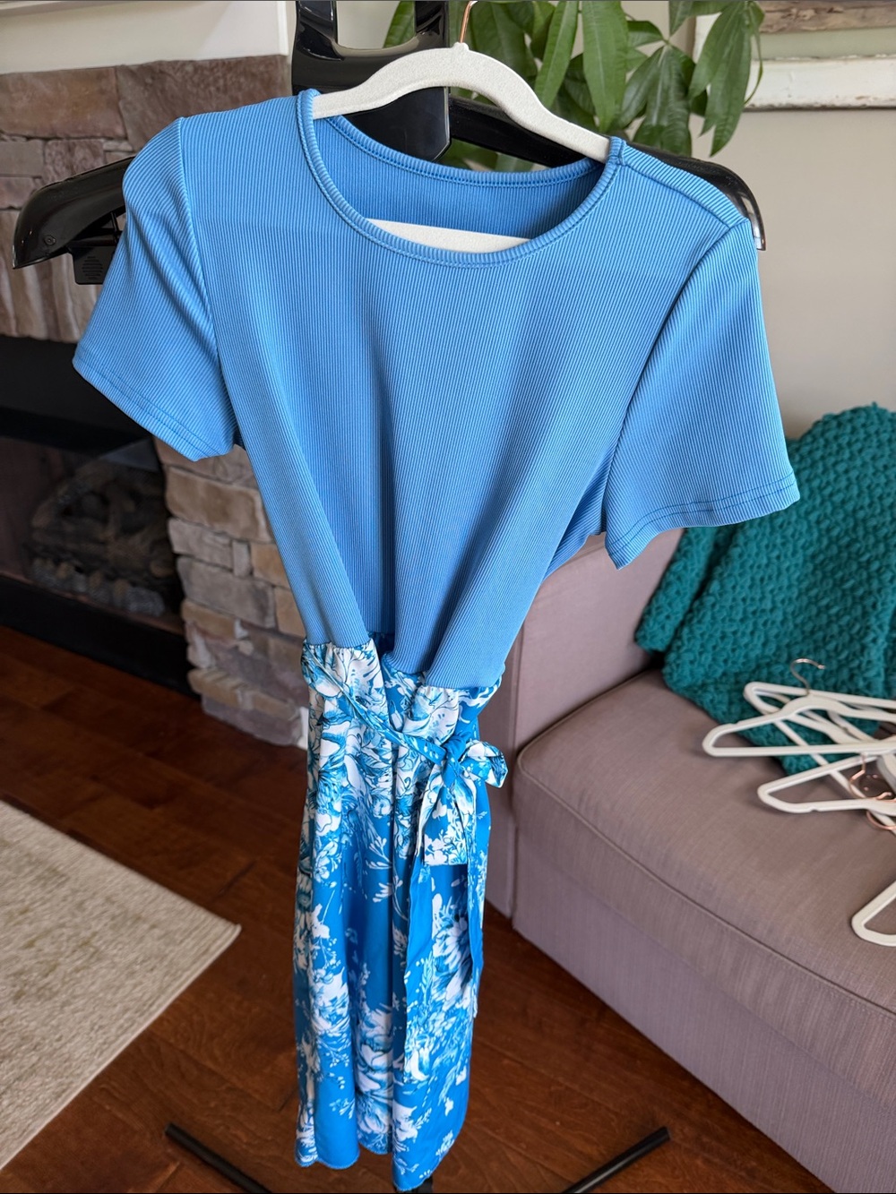 Girls Blue Floral Tie-Waist Dress
